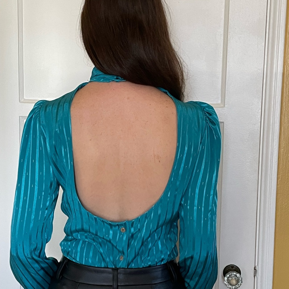 Vintage open back teal secretary blouse 80s